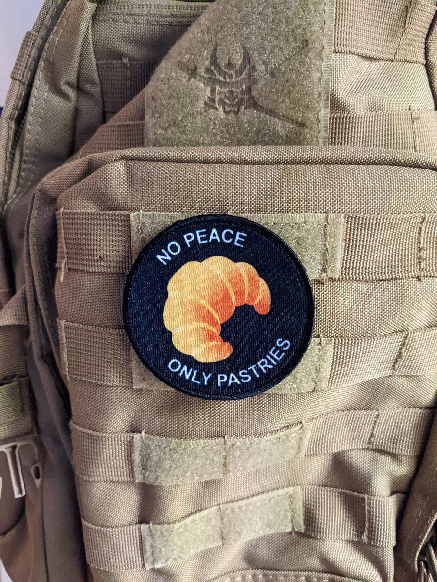 Croissant no peace only pastries 3" circle morale patch with hook and loop backing
