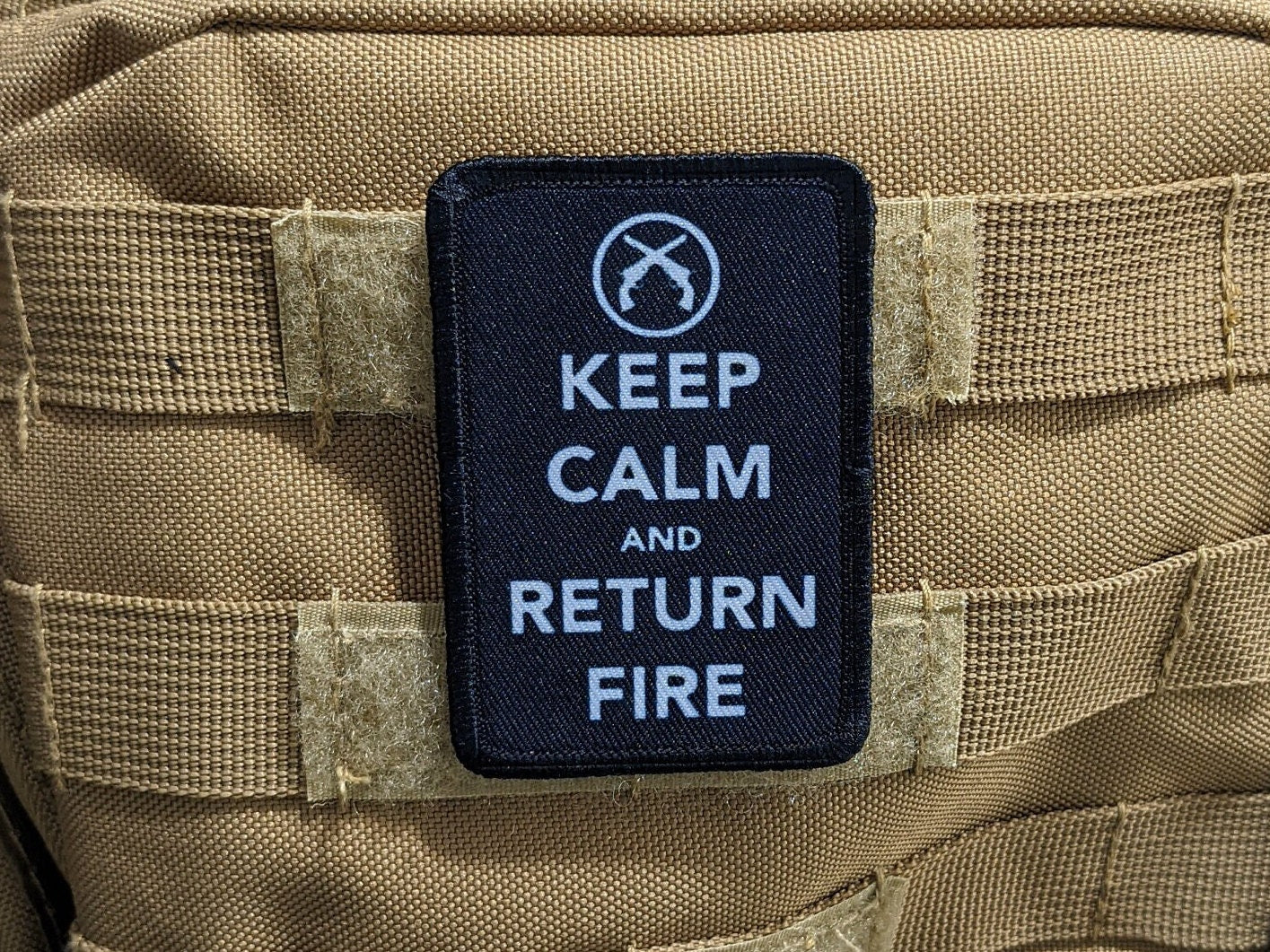 Keep calm and return fire 2nd amendment meme 2"x3" morale patch with hook and loop backing