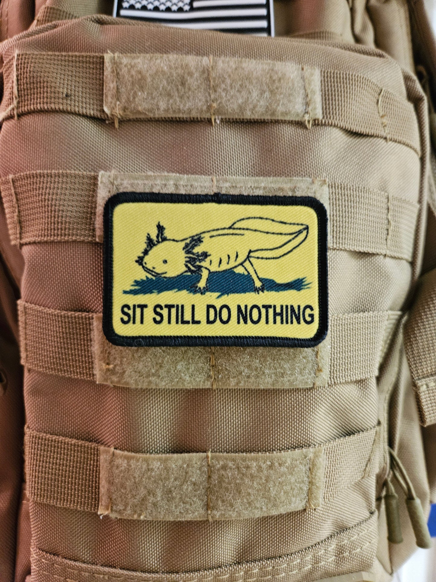Gadsden flag parody axolotl  sit still do nothing 2"x3" morale patch with hook and loop backing