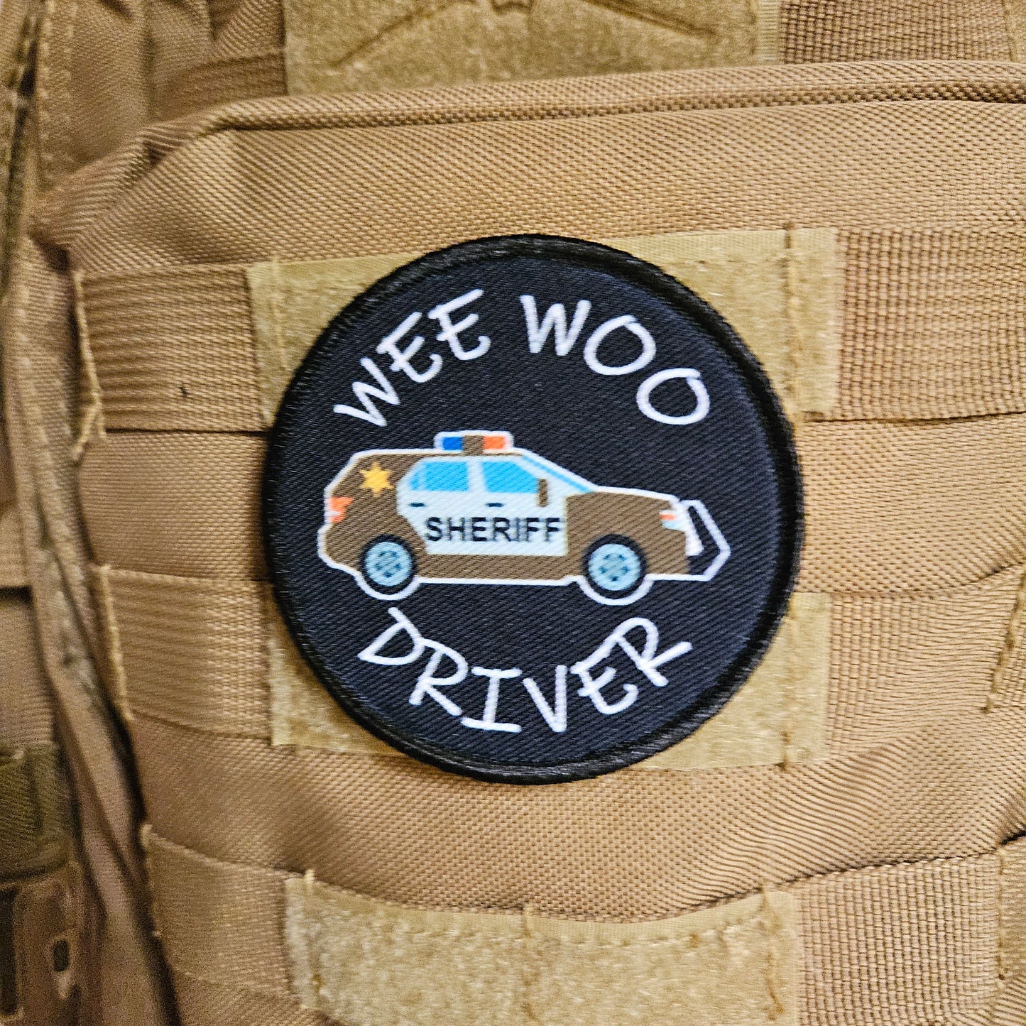 Wee woo driver sheriff suv driver funny 3" circle removable morale patch with hook and loop backing