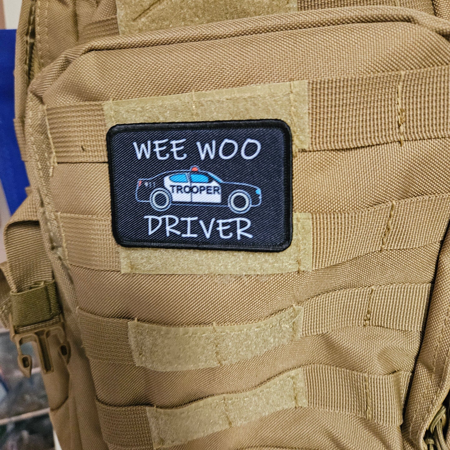 State Trooper Wee woo driver funny  2"x3" removable morale patch with hook and loop backing
