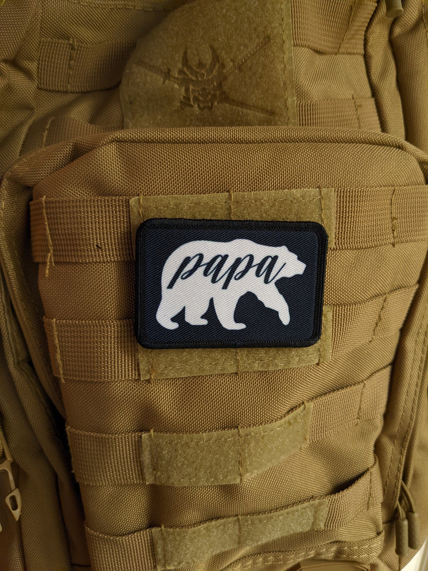 Papa Bear boy dad girl dad 2"x3" white morale patch with hook and loop backing