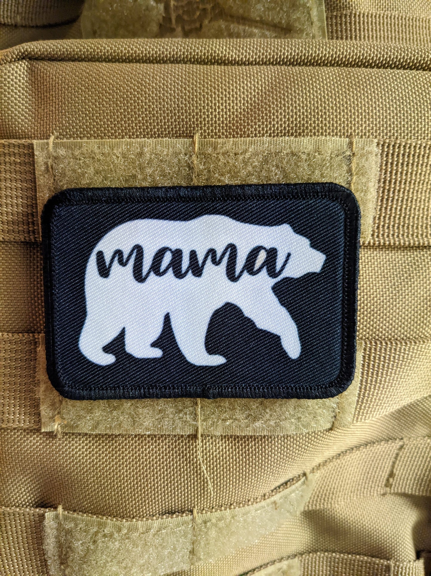 Mama Bear boy mom girl mom 2"x3" white morale patch with hook and loop backing