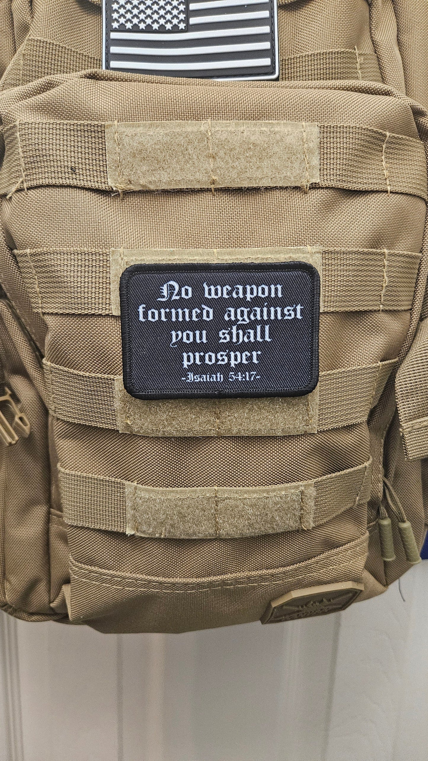 Isaiah 54:17 no weapon formed against me bible verse  2"x3" morale patch with hook and loop backing