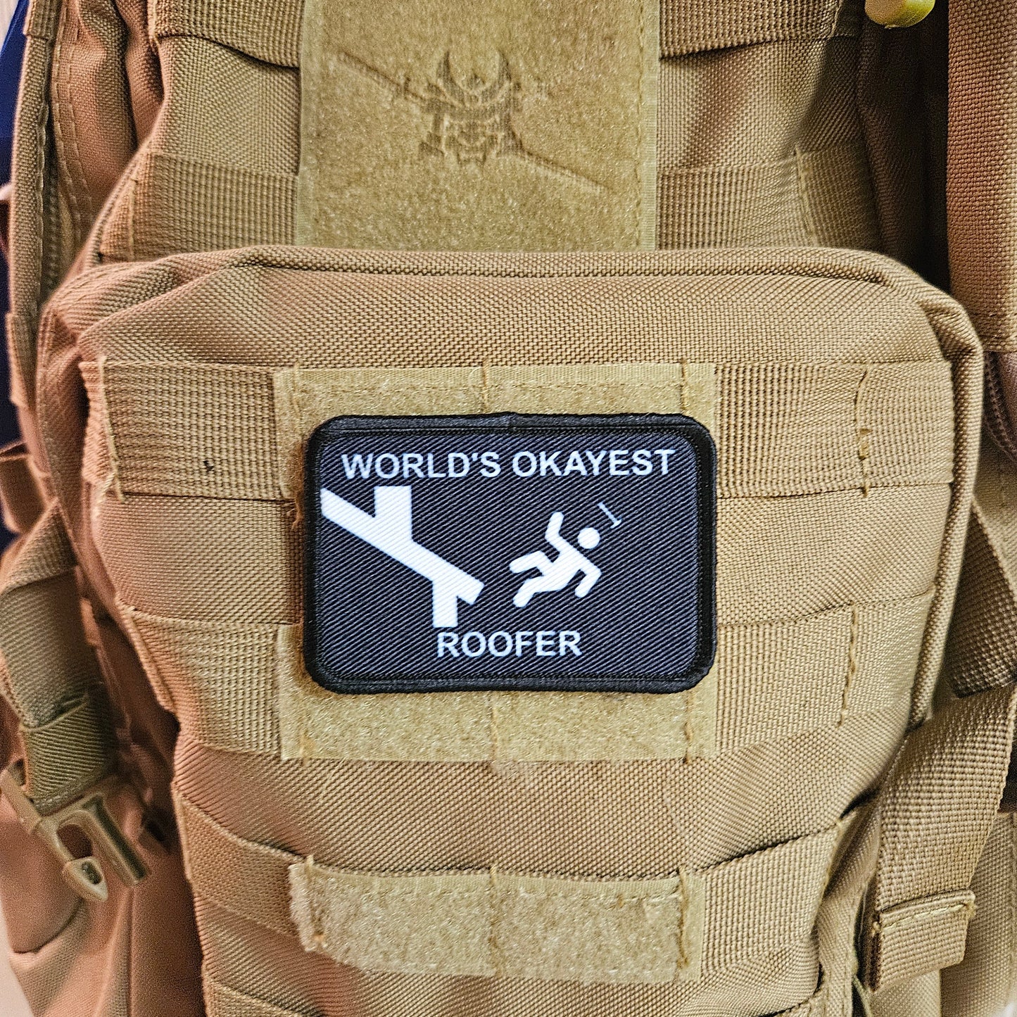 World's okayest roofer blue collar 2"x3" morale patch with hook and loop backing