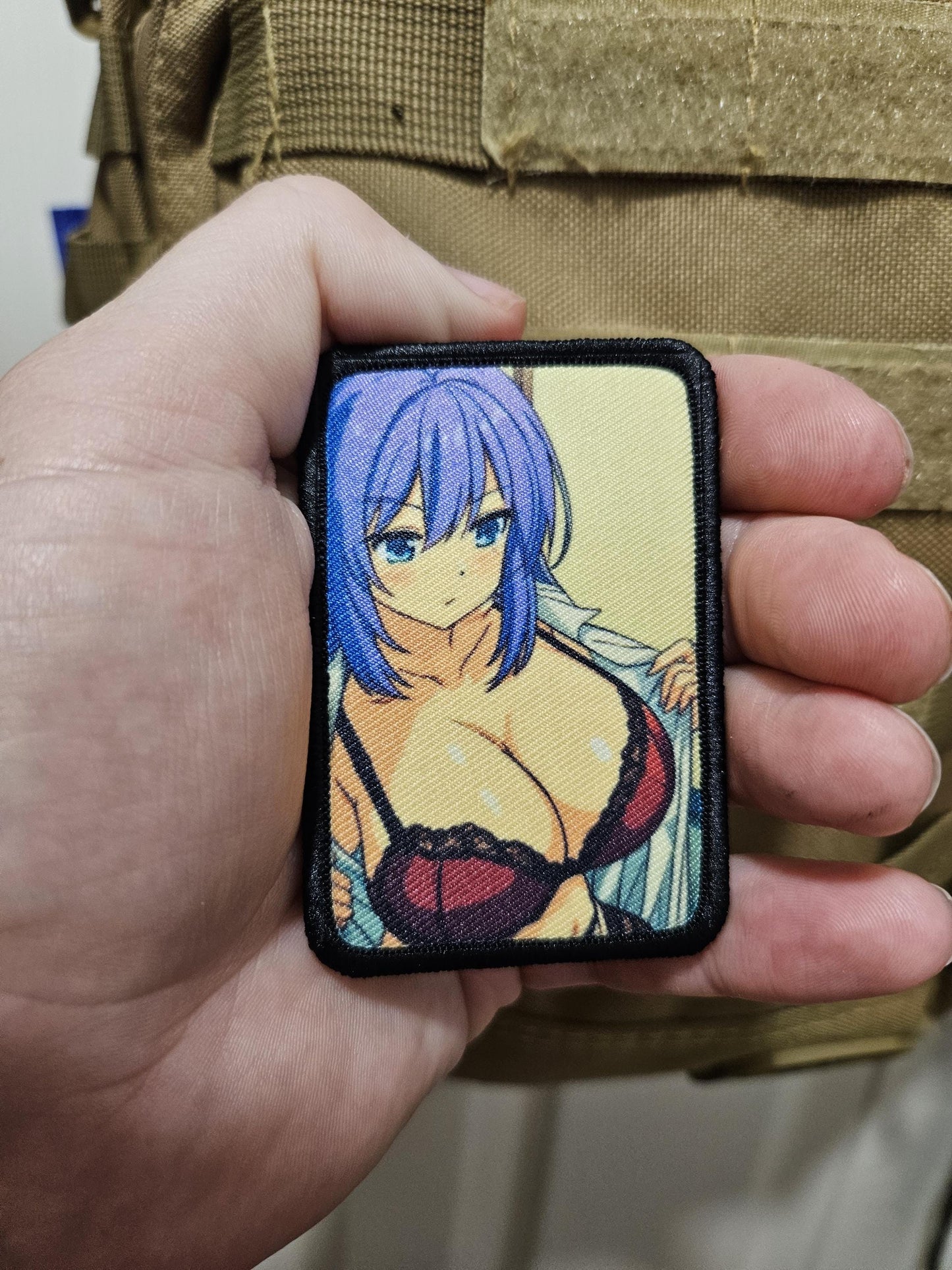Sexy Anime girl in lingerie busty waifu 2"x3"  removable morale patch with hook and loop backing