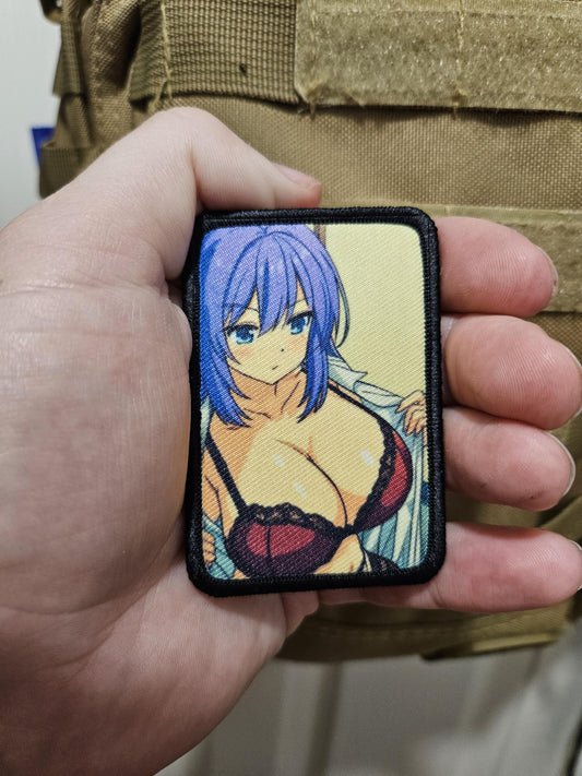 Sexy Anime girl in lingerie busty waifu 2"x3"  removable morale patch with hook and loop backing