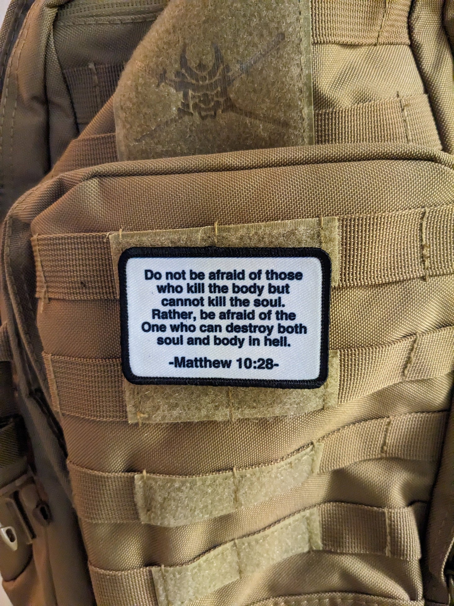 Bible verse Matthew 10:28 2"x3" BW removable morale patch with hook and loop for hat