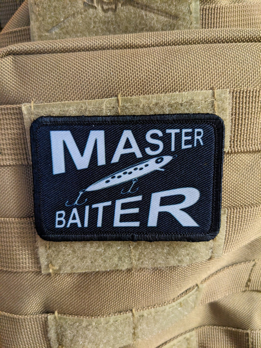 Master fishing baiter funny patch meme  2"x3" removable morale patch with hook and loop backing