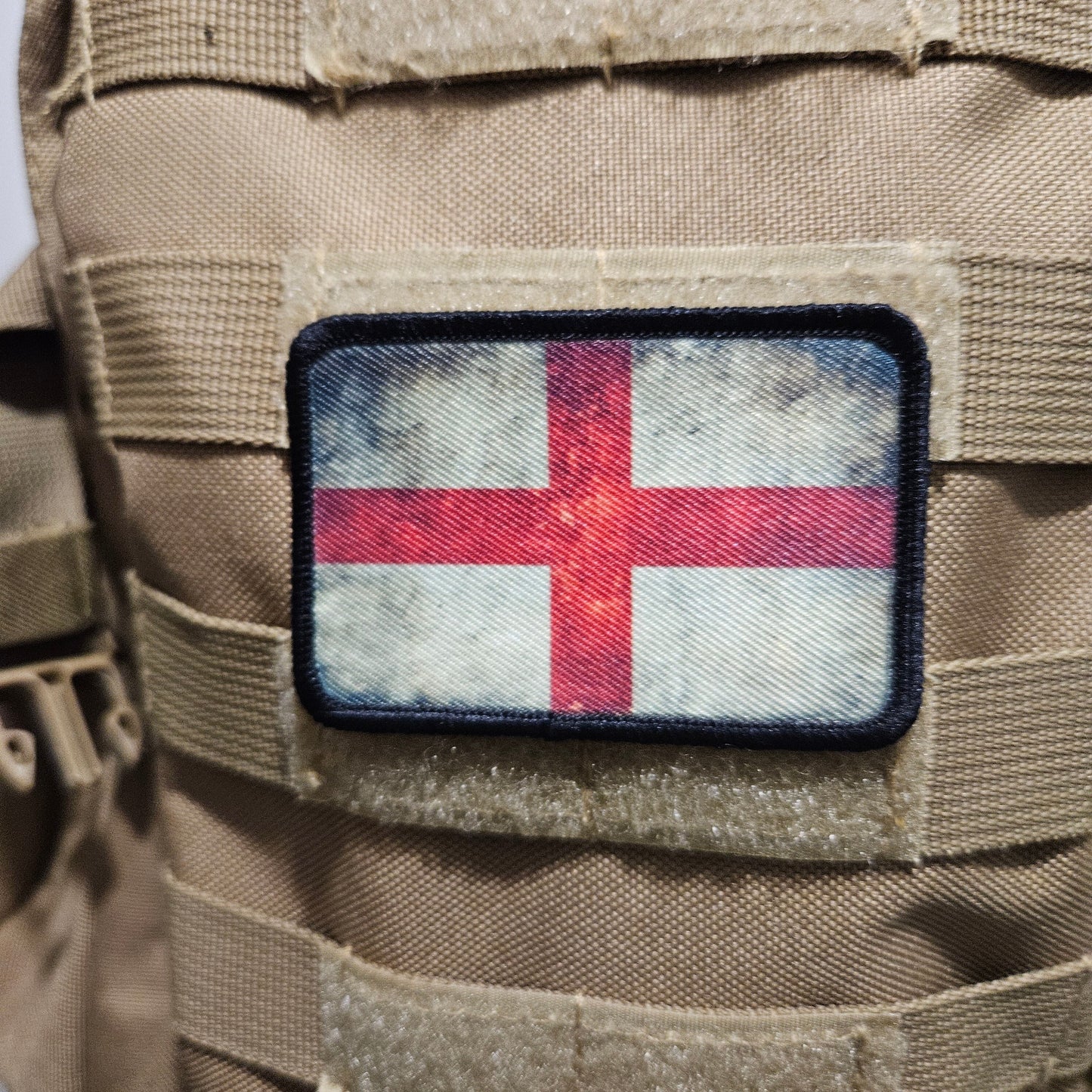 distressed English flag of saint George's 2"x3" morale patch with hook and loop backing