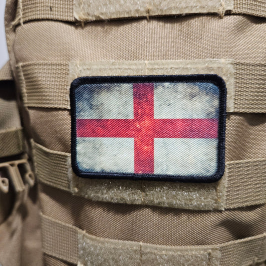 distressed English flag of saint George's 2"x3" morale patch with hook and loop backing