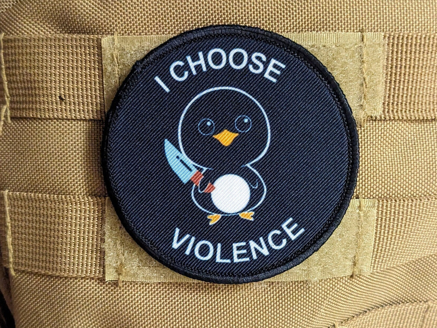 Cute penguin I choose violence meme 3" circle removable morale patch with hook and loop backing