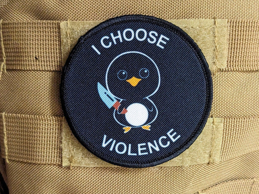 Cute penguin I choose violence meme 3" circle removable morale patch with hook and loop backing