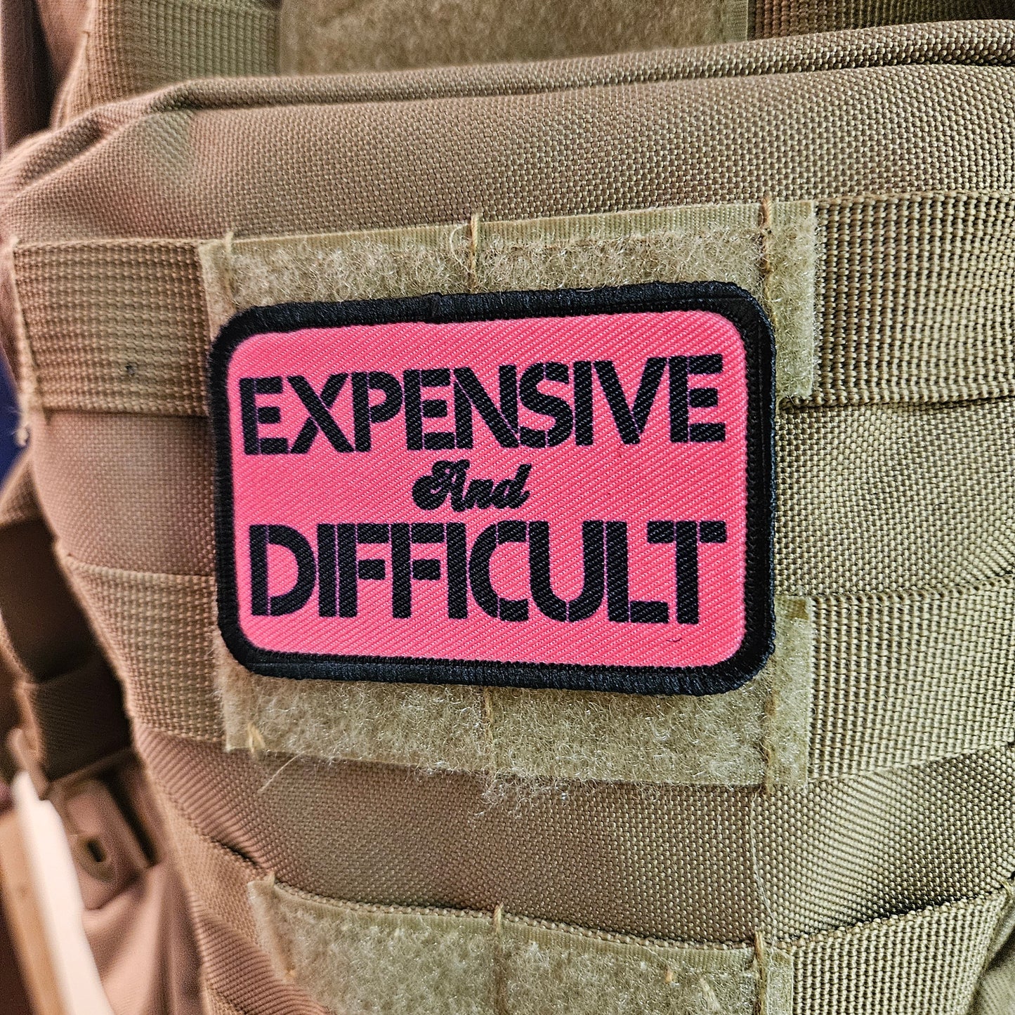 Expensive  and difficult meme pink 2"x3" removable morale patch with hook and loop backing