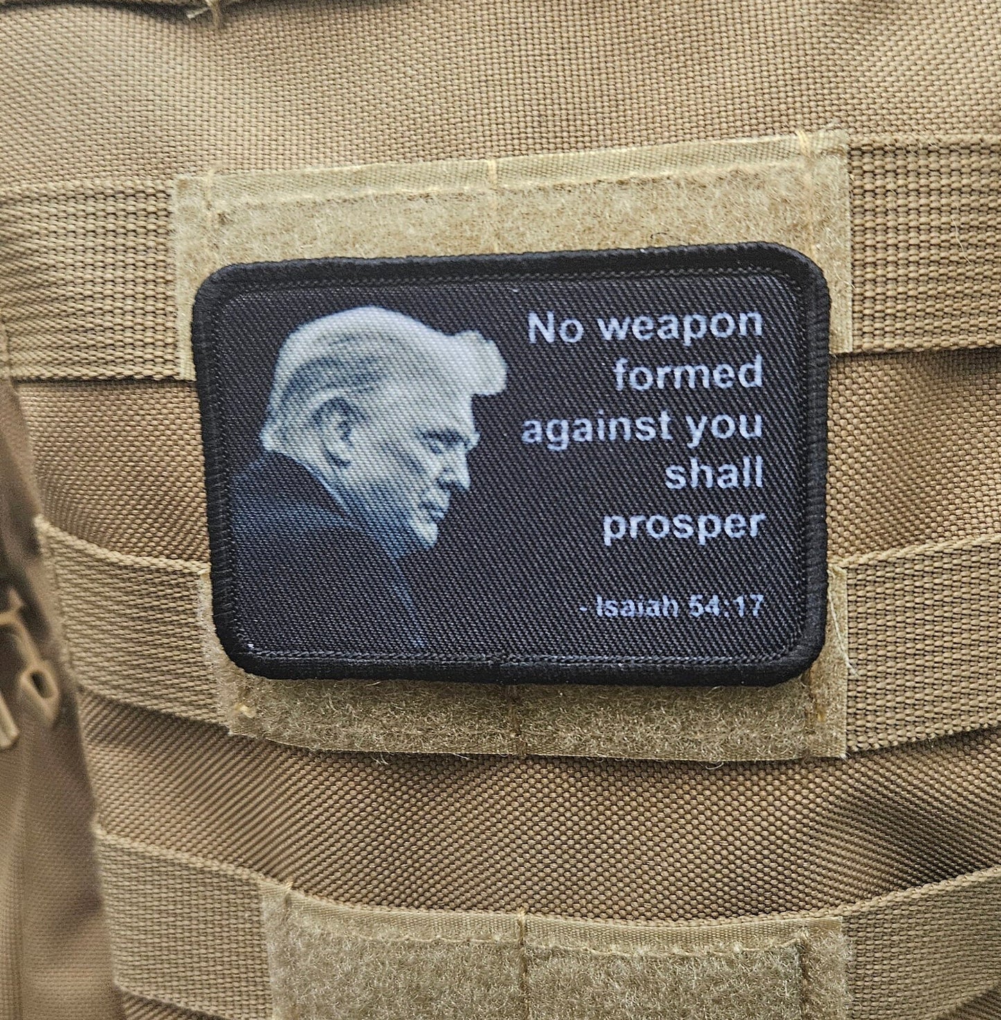 Isaiah 54:17 no weapon formed against me Don version bible verse  2"x3" morale patch with hook and loop backing