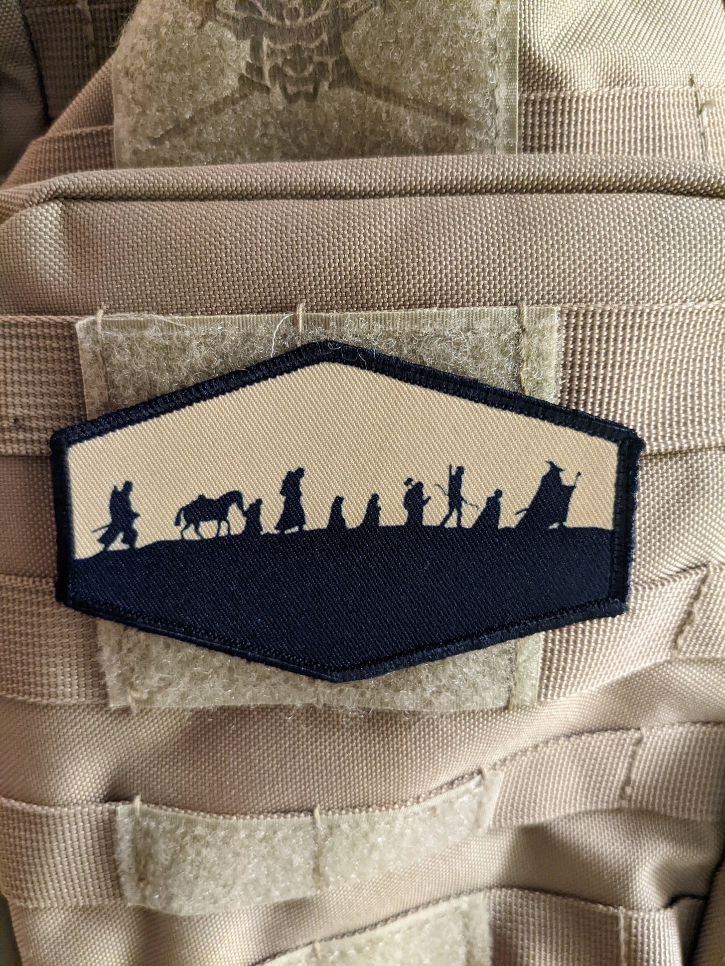Lotr fellowship silhouette fantasy tan 4"x2.5" hexagon morale patch with hook and loop backing