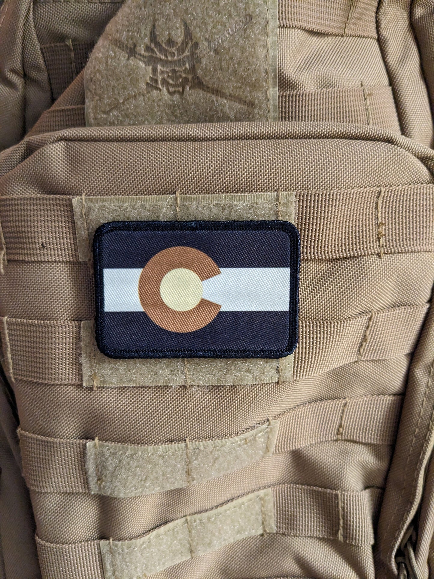Subdued tan and brown Colorado state flag removable patch 2"x3" morale patch with hook and loop backing