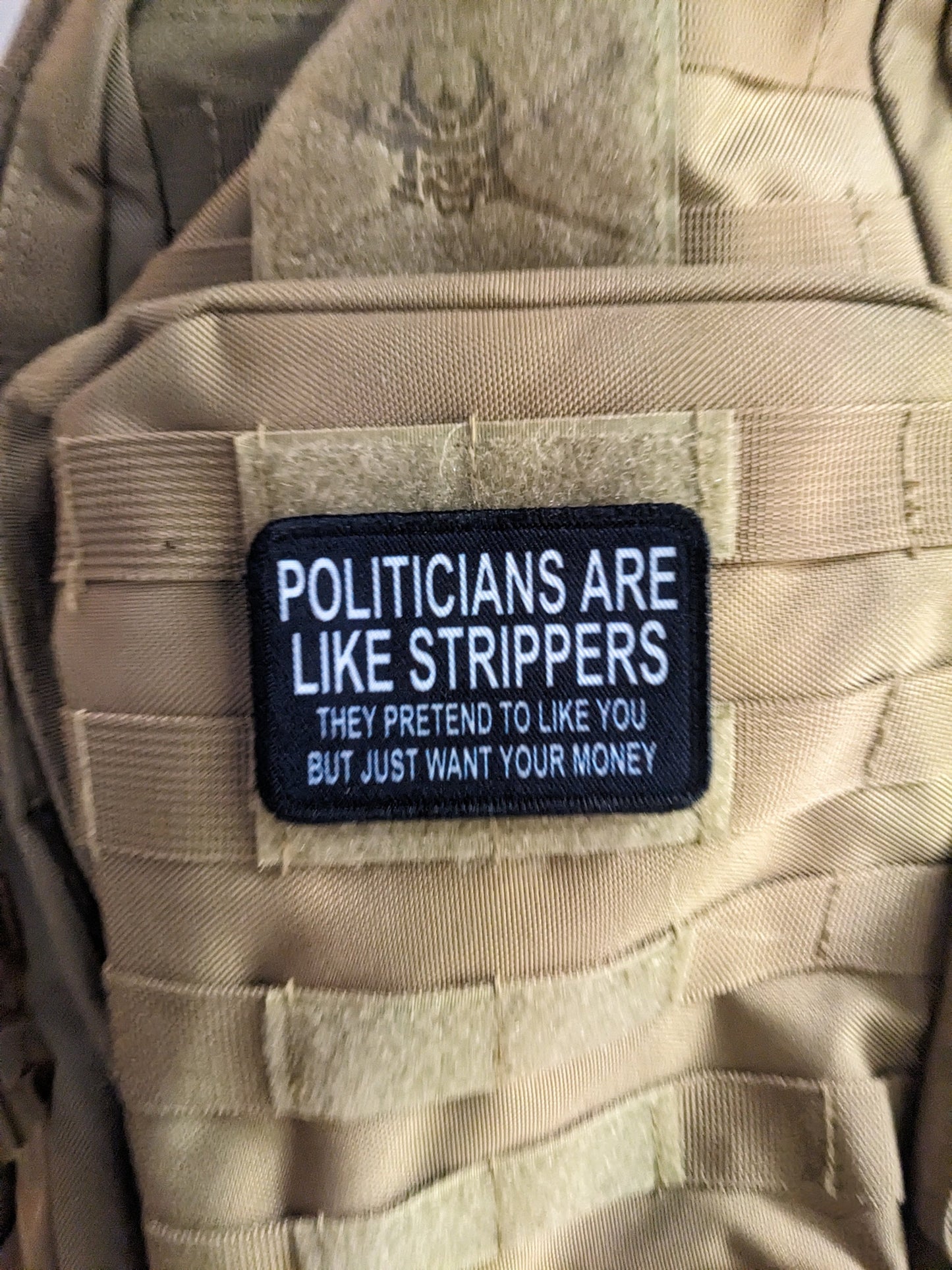 Politicians are like strippers meme 2"x3" morale patch with hook and loop backing