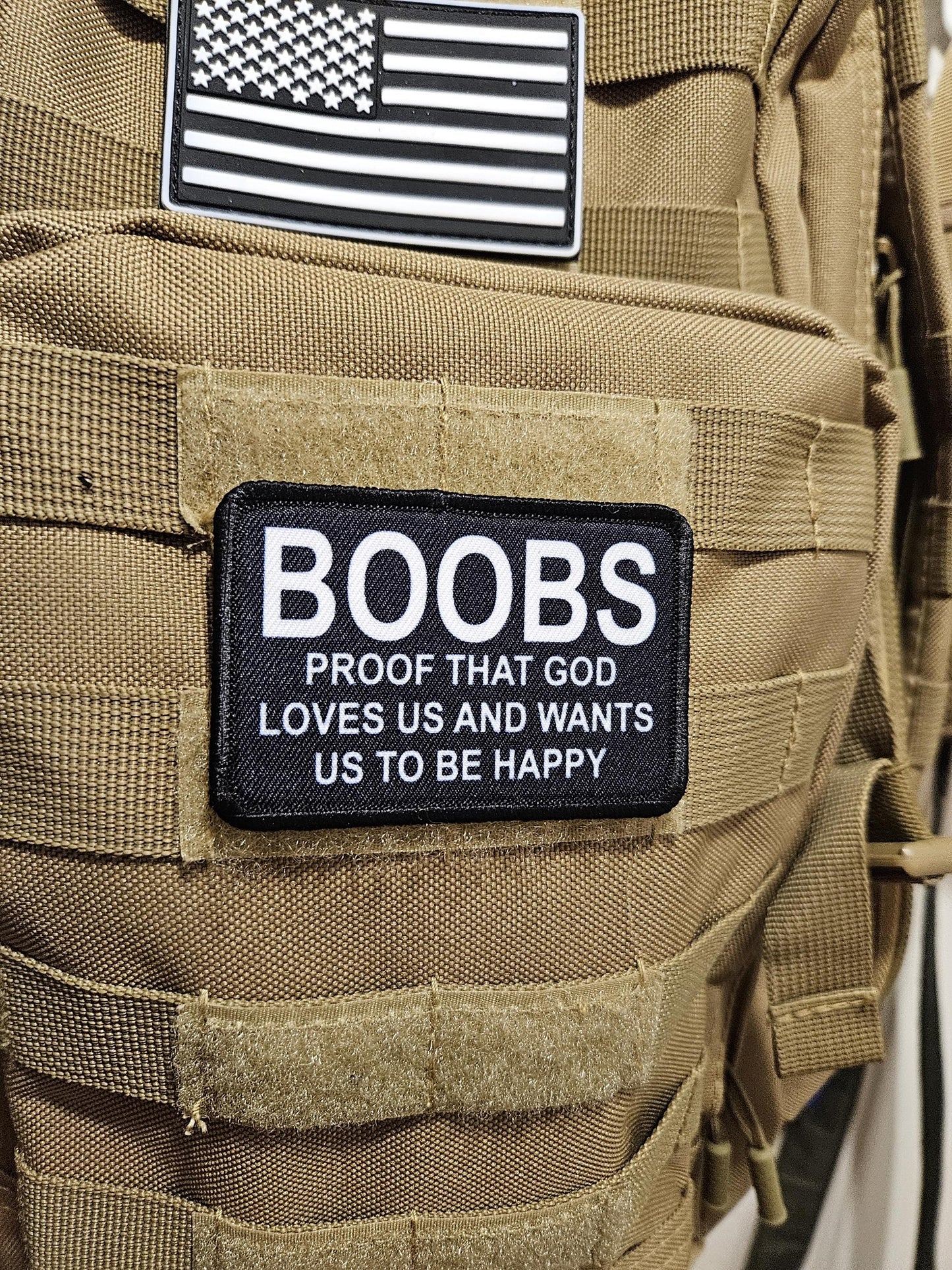 Boobs proof that God loves us and wants us to be happy meme 2"x3" removable morale patch with hook and loop backing black and white