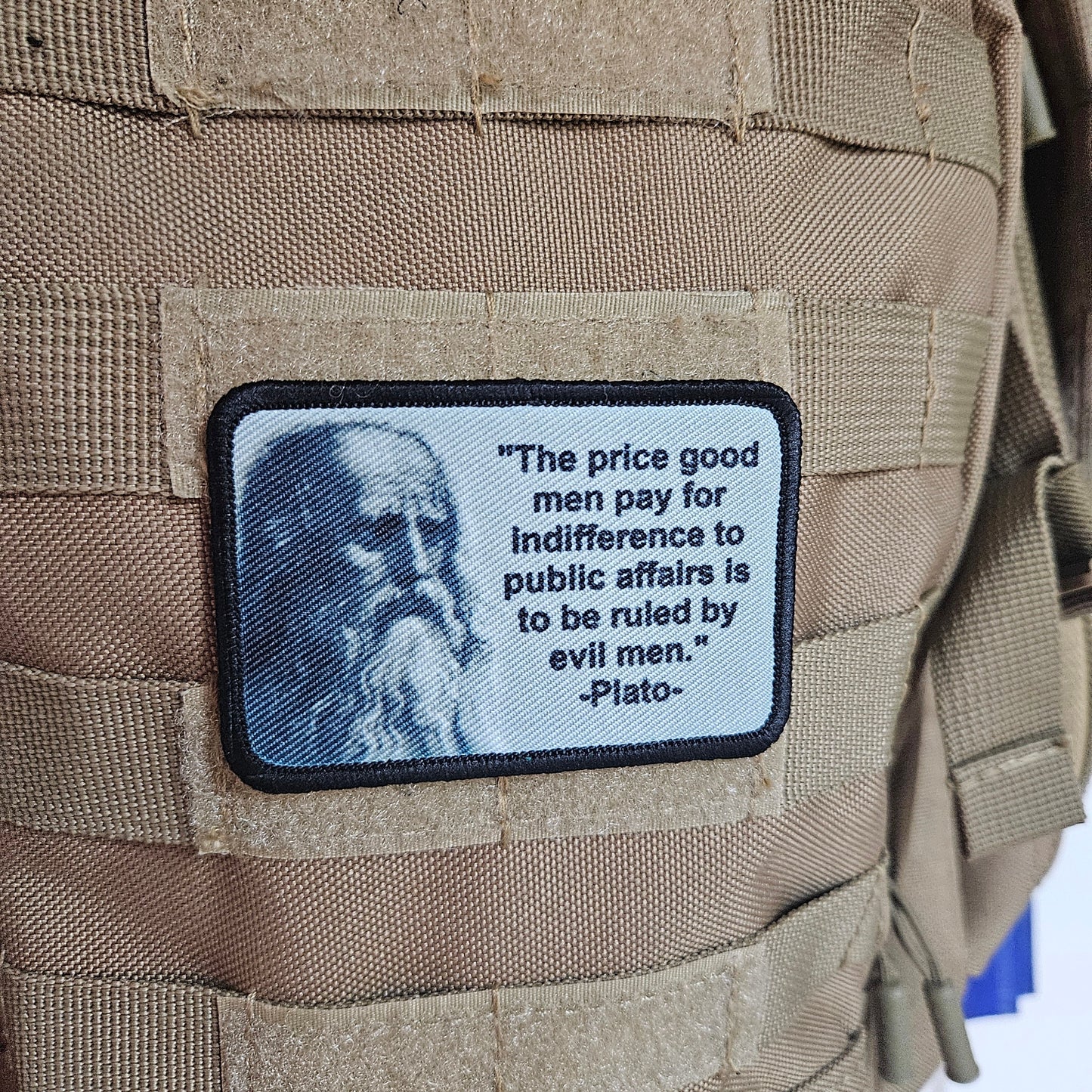 Plato the price good men pay for indifference 2"x3" removable morale patch with hook and loop backing