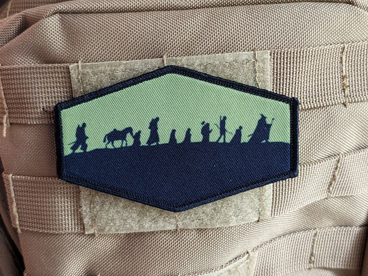 Lotr fellowship silhouette fantasy 4"x2.5" hexagon morale patch with hook and loop backing