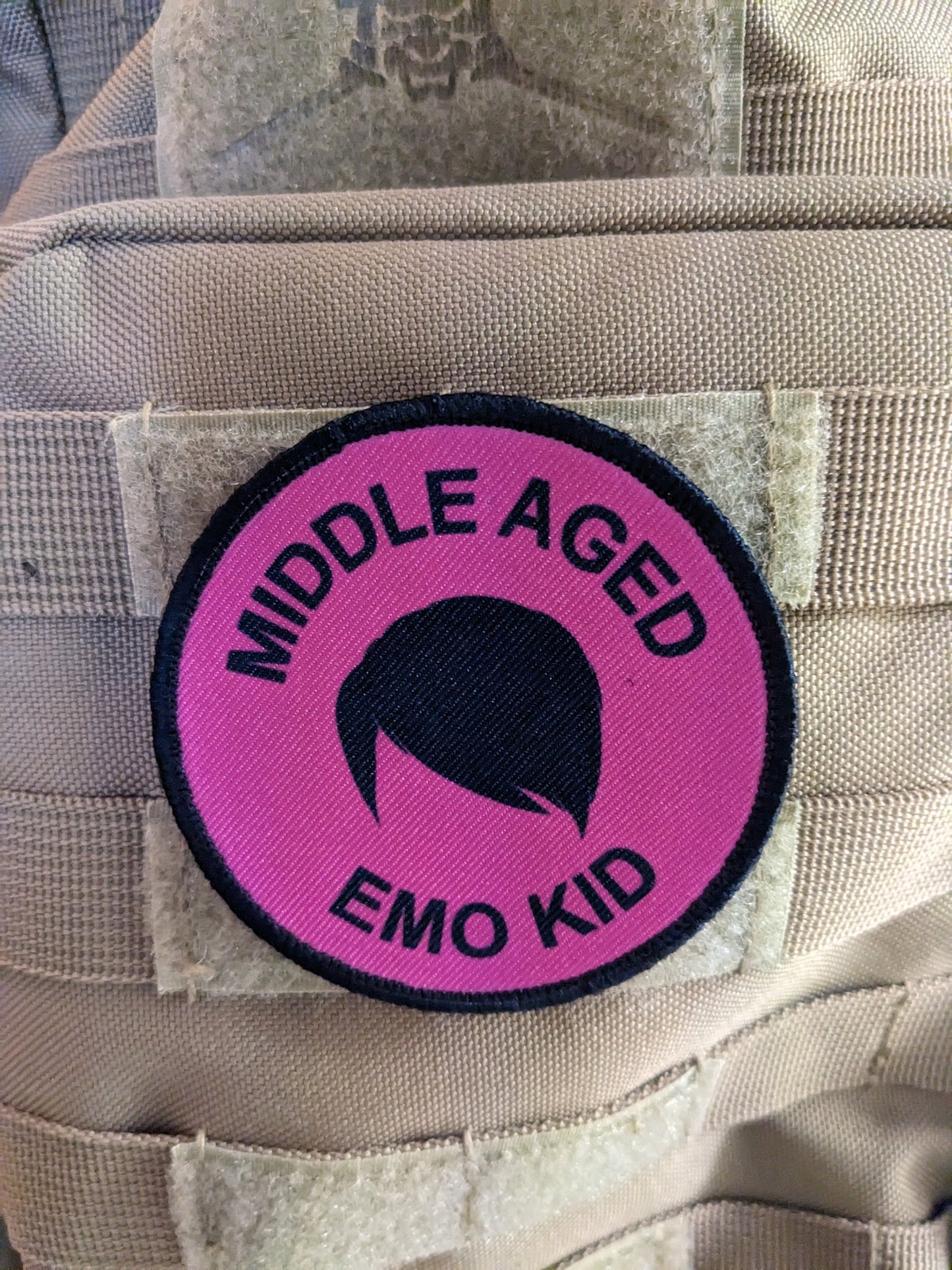 Middle aged emo kid boy version meme 3" circle morale patch with hook and loop backing