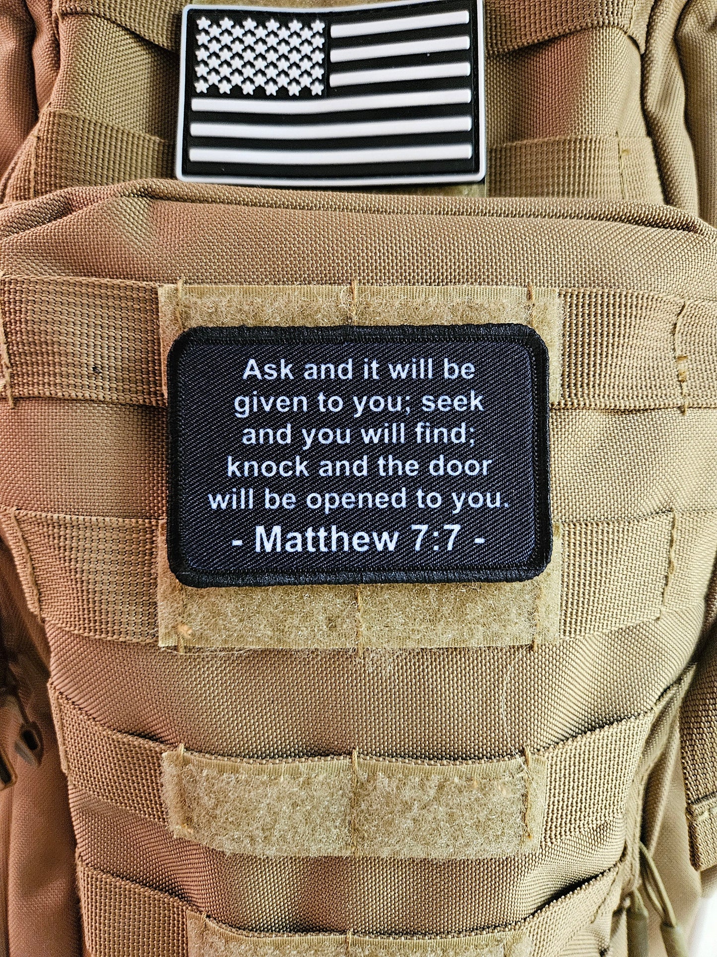 Ask amd it will be given to you Matthew  7:7 bible verse  2"x3" morale patch with hook and loop backing