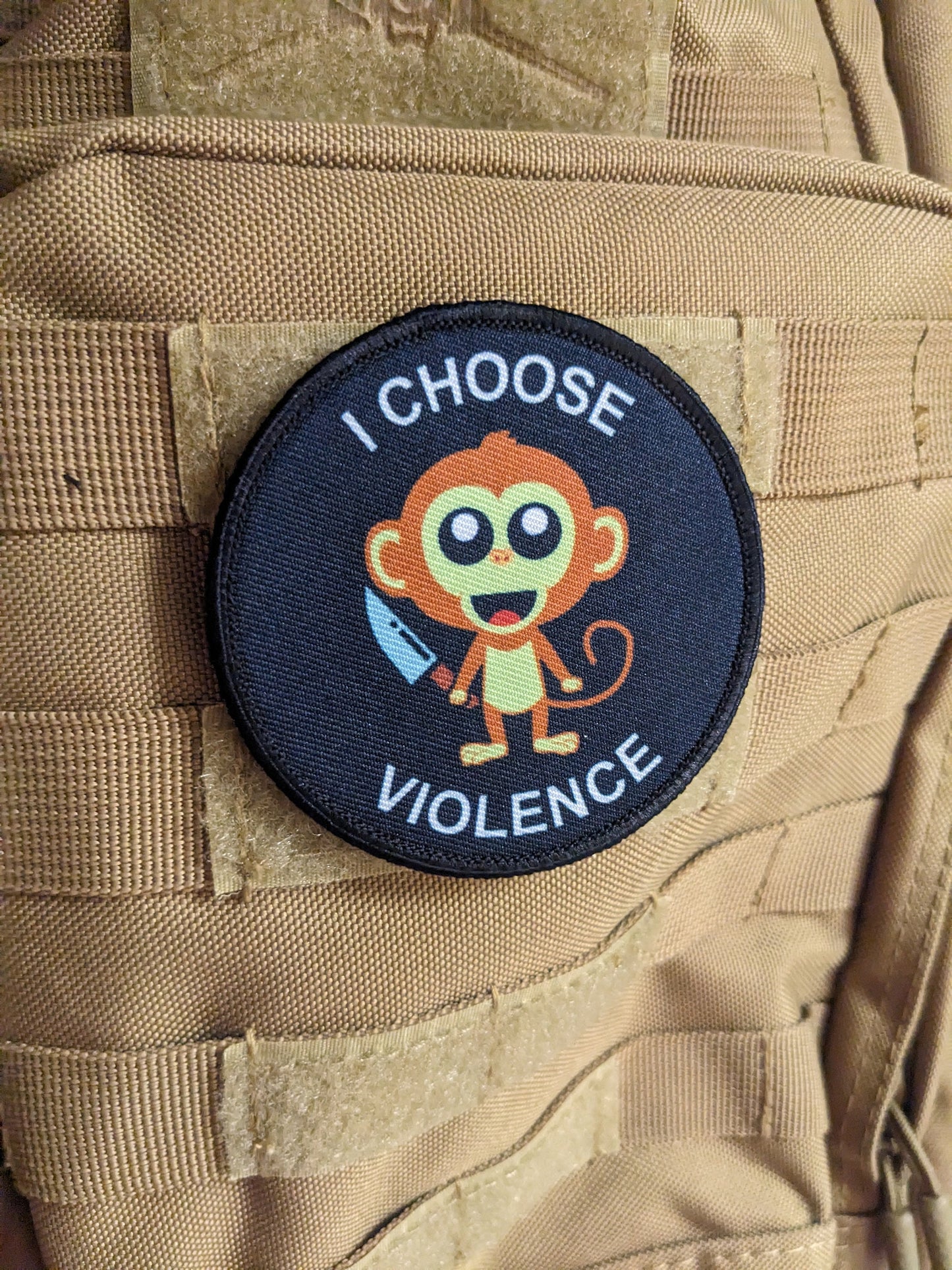 Cute monkey I choose violence meme 3" circle removable morale patch with hook and loop backing