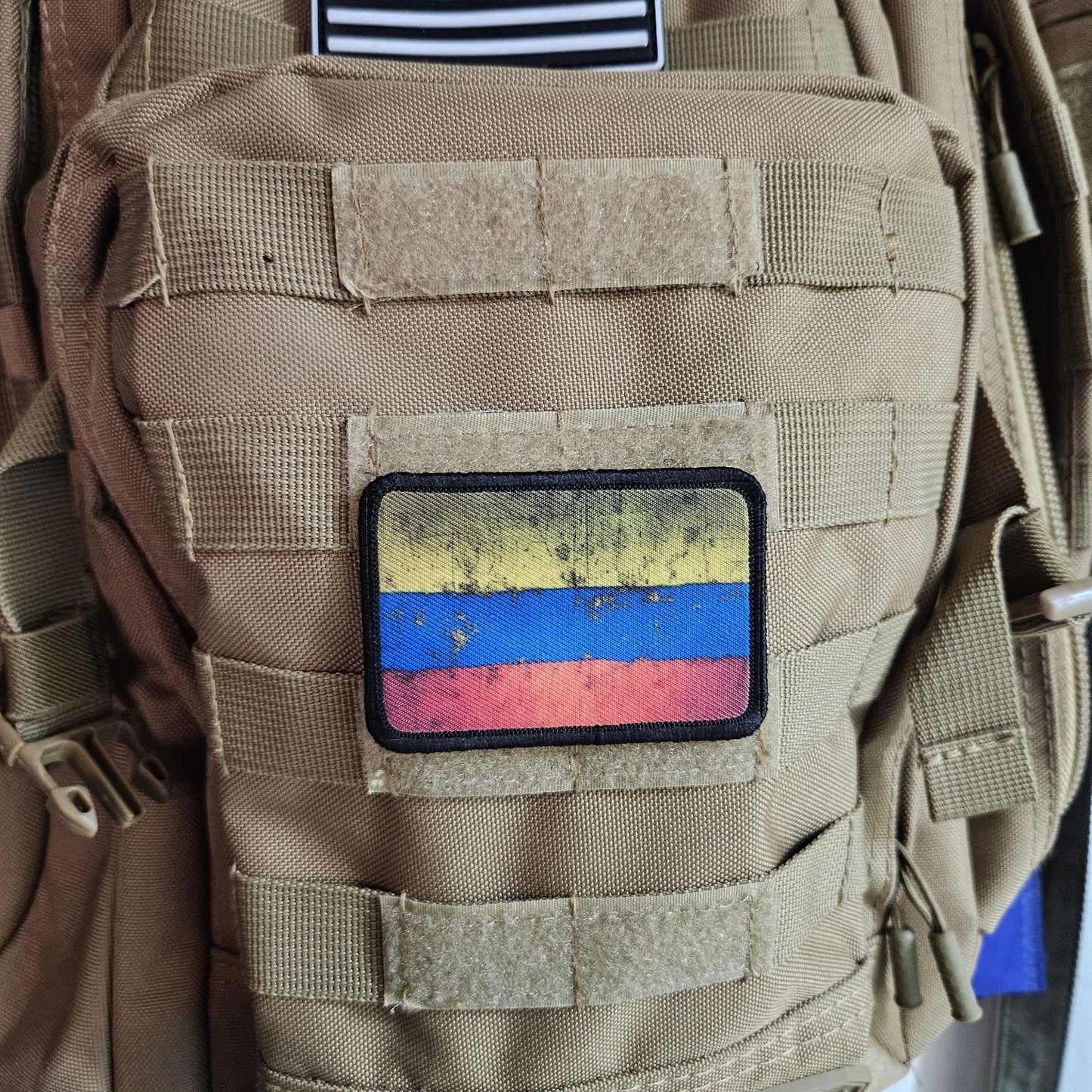 distressed Colombian flag 2"x3" morale patch with hook and loop backing