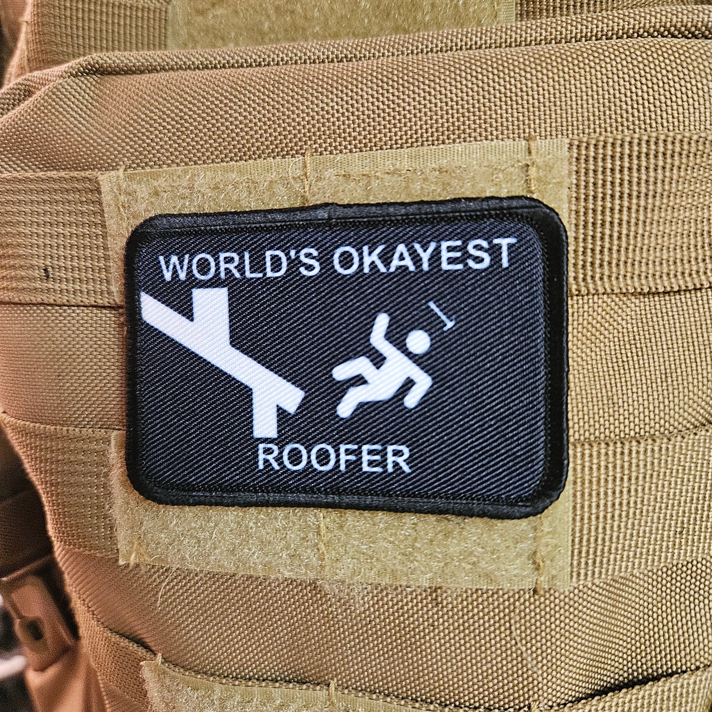 World's okayest roofer blue collar 2"x3" morale patch with hook and loop backing