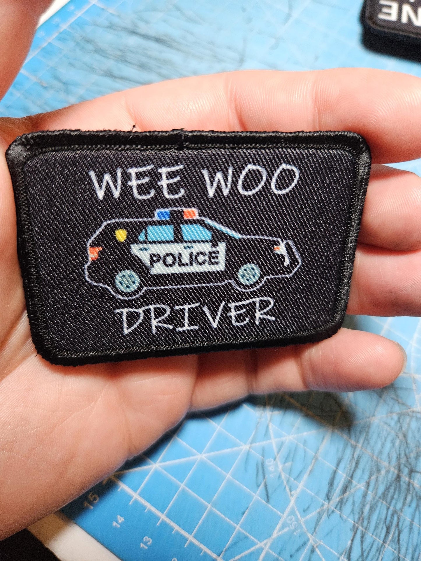 Wee woo driver police SUV driver funny 2"x3" removable morale patch with hook and loop backing