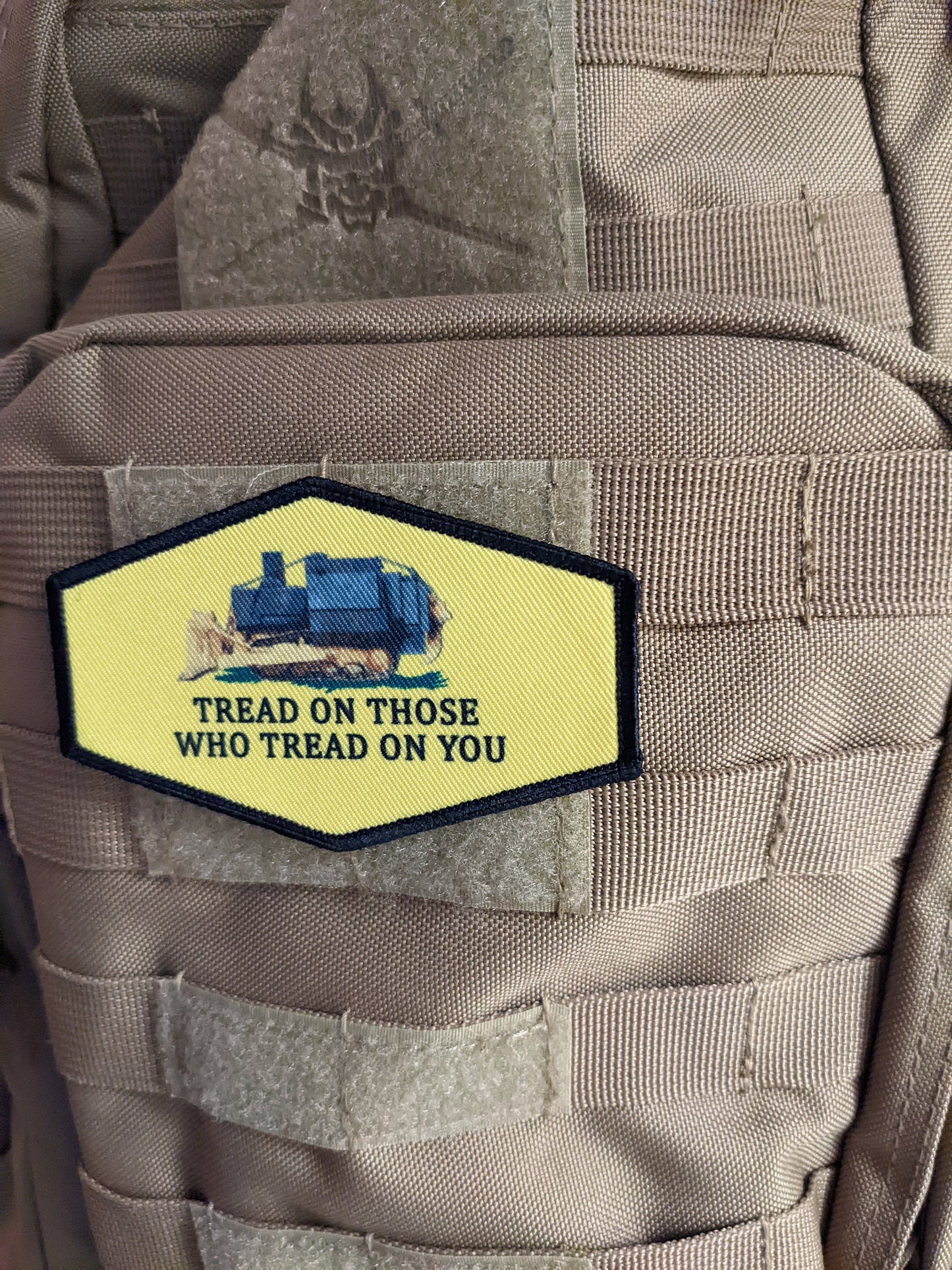 Killdozer tread on those who tread on you 4"x2.5" octagon morale patch with hook and loop backing