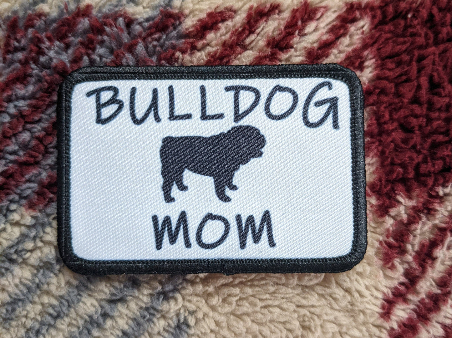English Bulldog mom 2"x3" white morale patch with hook and loop backing