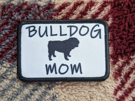 English Bulldog mom 2"x3" white morale patch with hook and loop backing