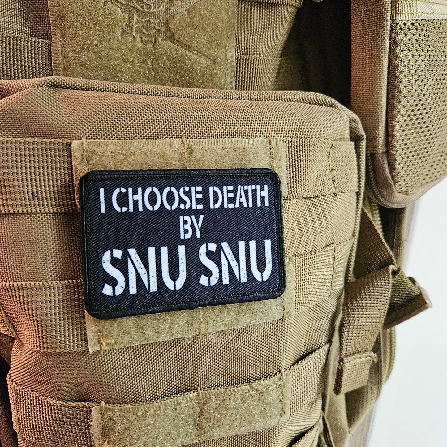 I choose death by snu snu meme 2"x3" removable morale patch with hook and loop backing death by snu snu