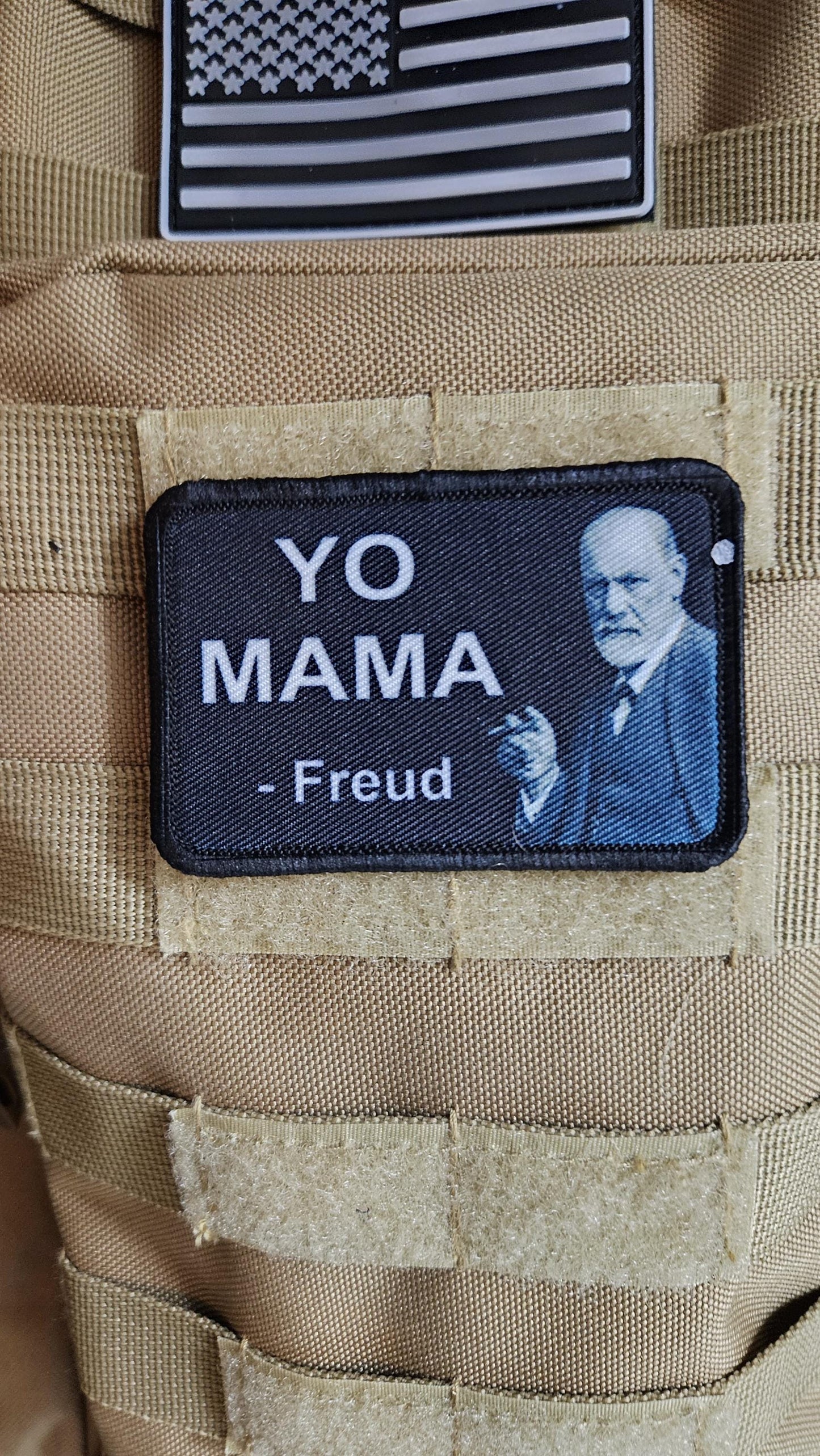Freud you mama meme 2"x3" removable morale patch with hook and loop backing black and white