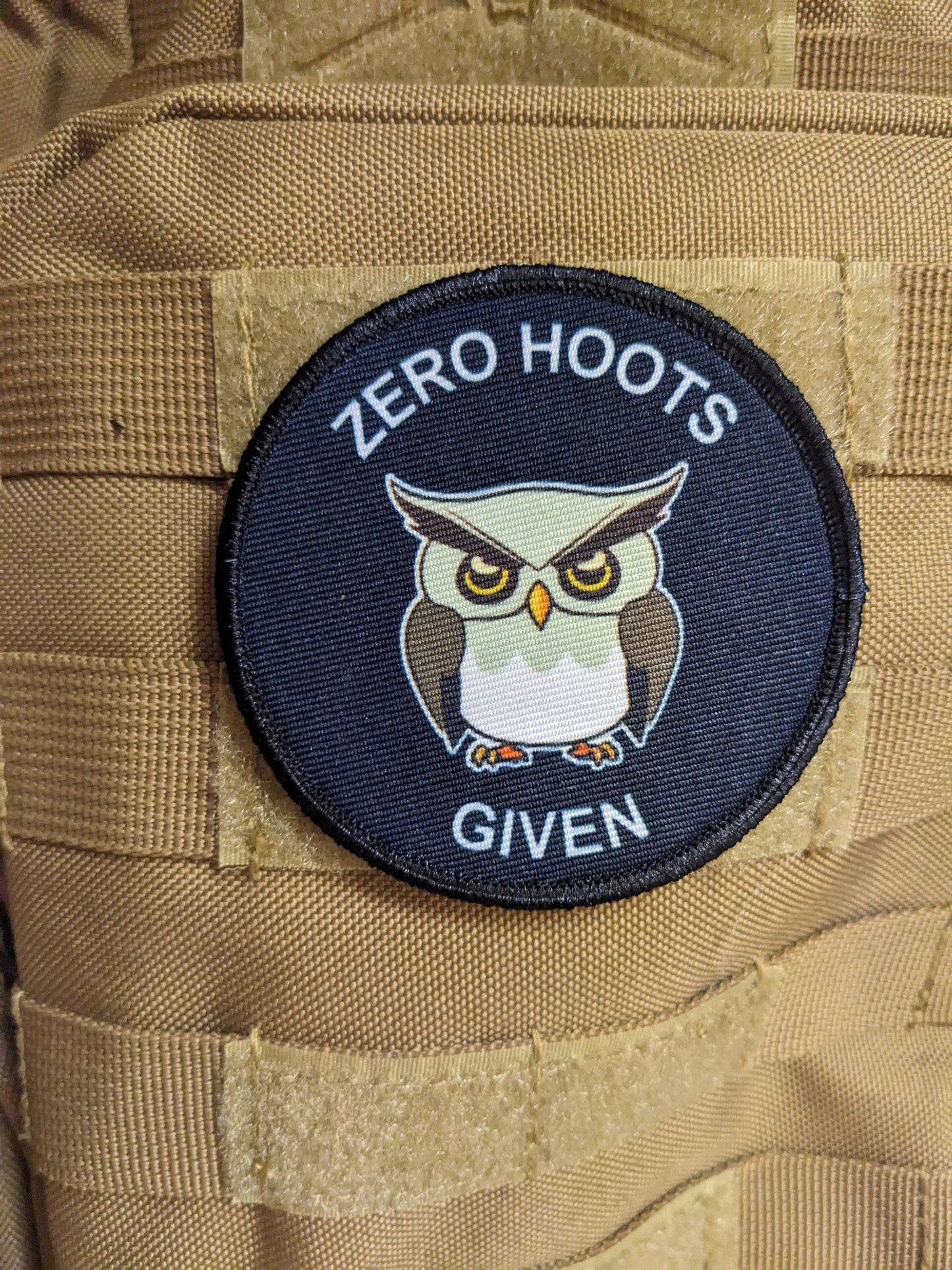 Cranky owl zero hoots given meme 3" circle removable morale patch with hook and loop backing