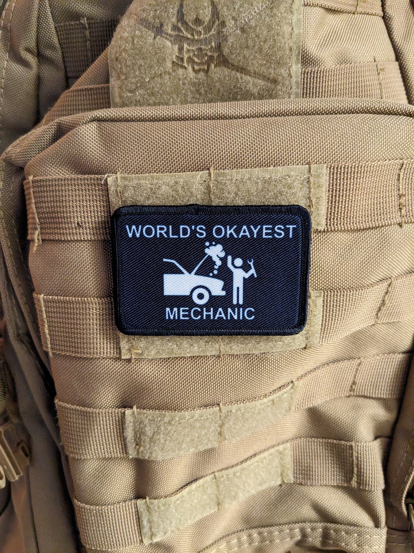 World's okayest mechanic blue collar 2"x3" morale patch with hook and loop backing