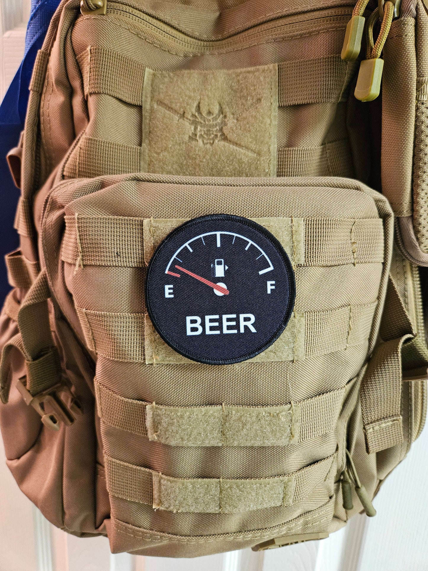 Running on empty beer meme 3" circle removable morale patch with hook and loop backing