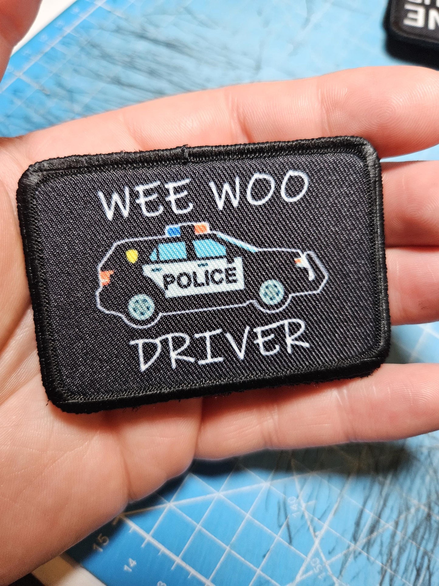 Wee woo driver police SUV driver funny 2"x3" removable morale patch with hook and loop backing