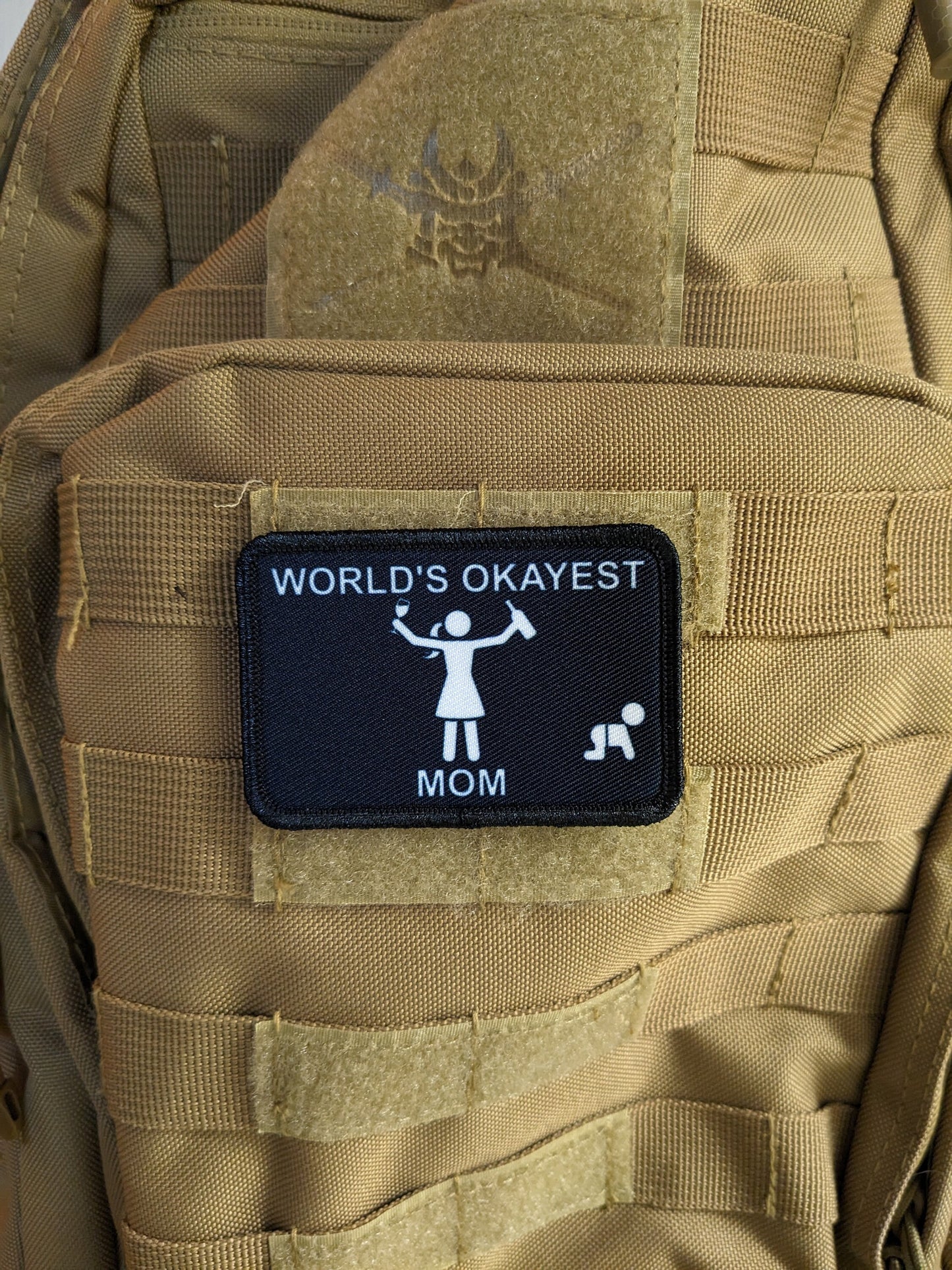 World's Okayest mom funny meme 2"x3" morale patch with hook and loop backing mother's day
