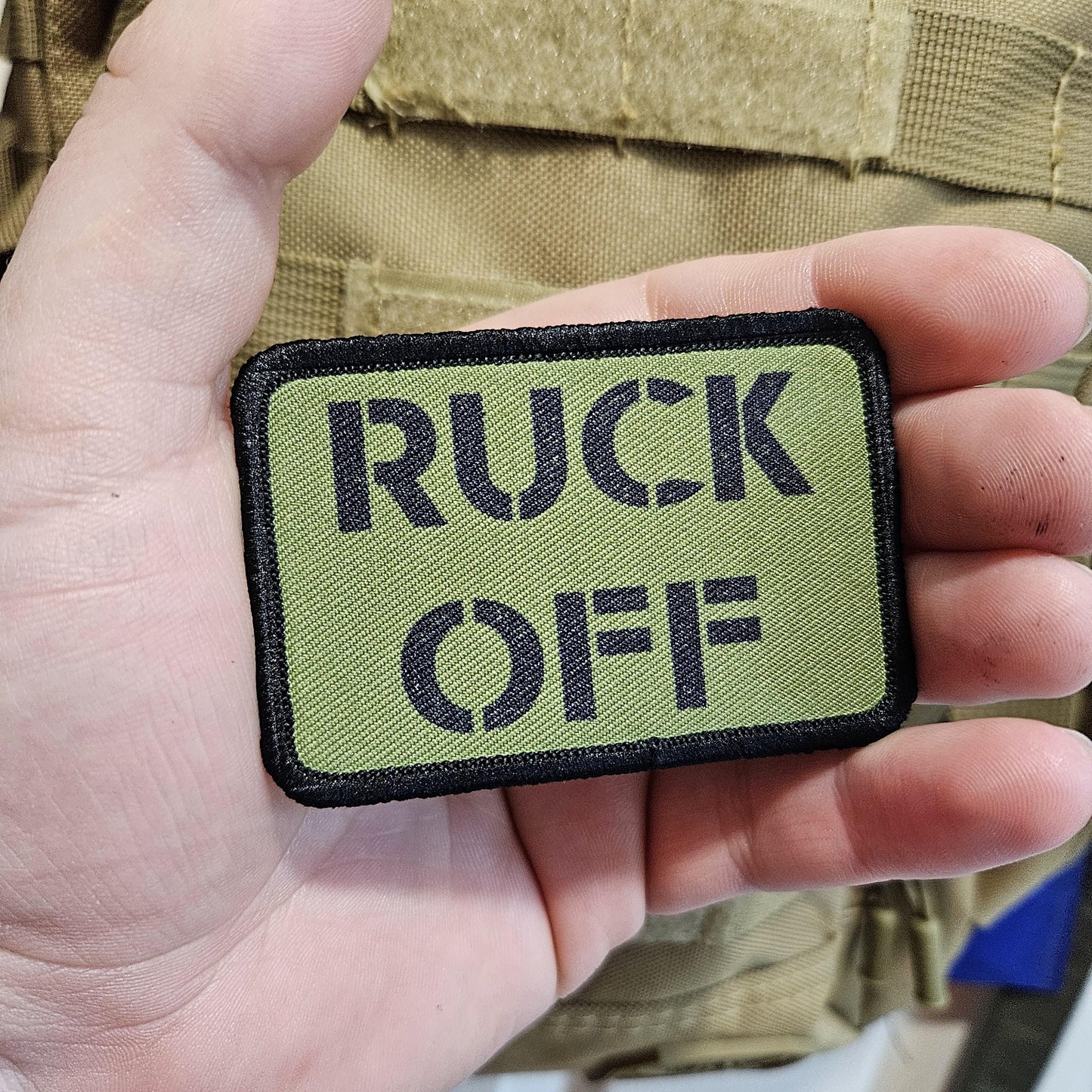 Ruck off rucksack joke removable patch 2"x3" morale patch with hook and loop backing green