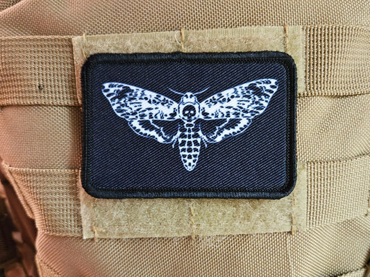 Death's head moth goth black background funny  2"x3" morale patch with hook and loop backing