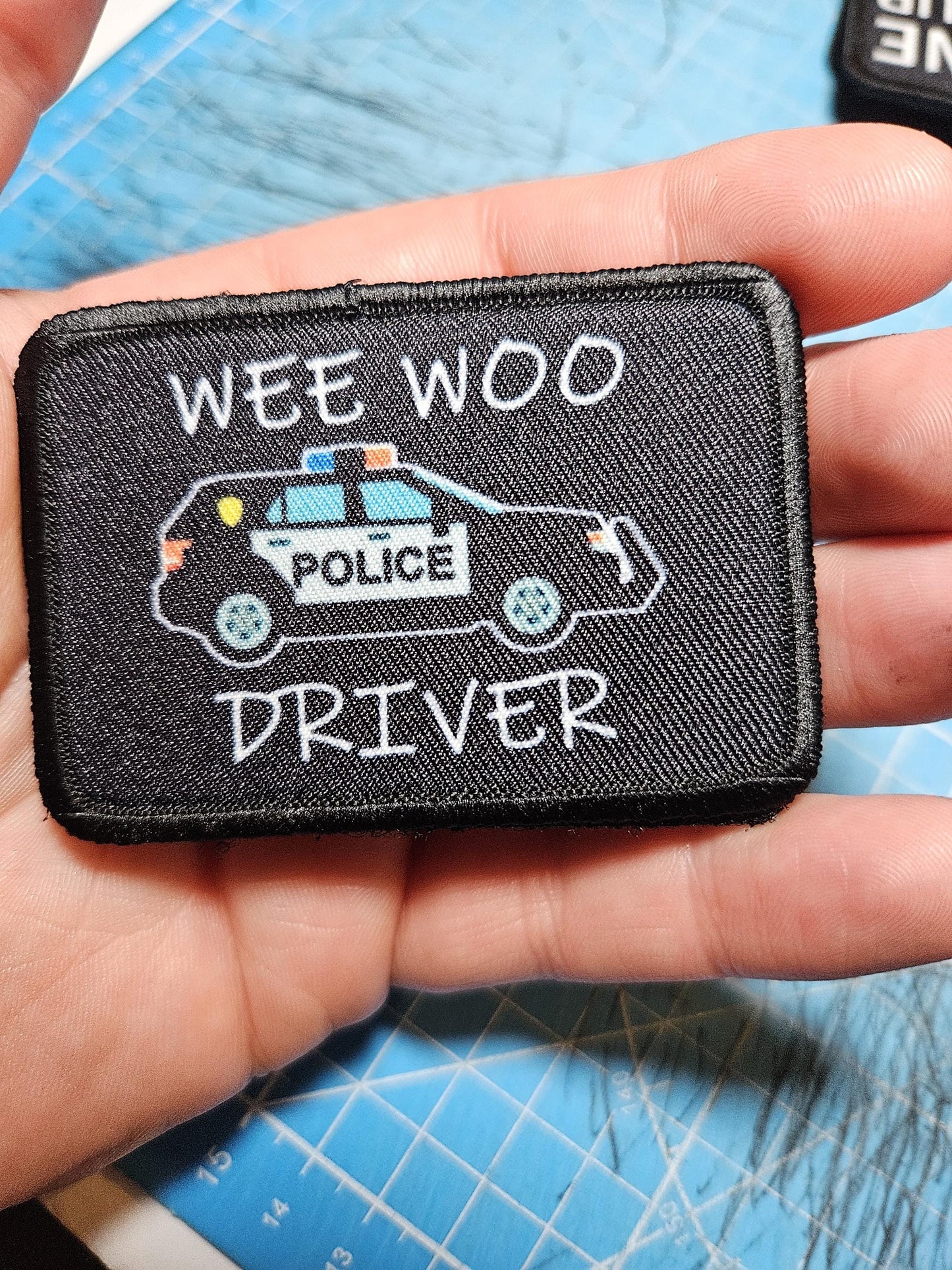 Wee woo driver police SUV driver funny 2"x3" removable morale patch with hook and loop backing