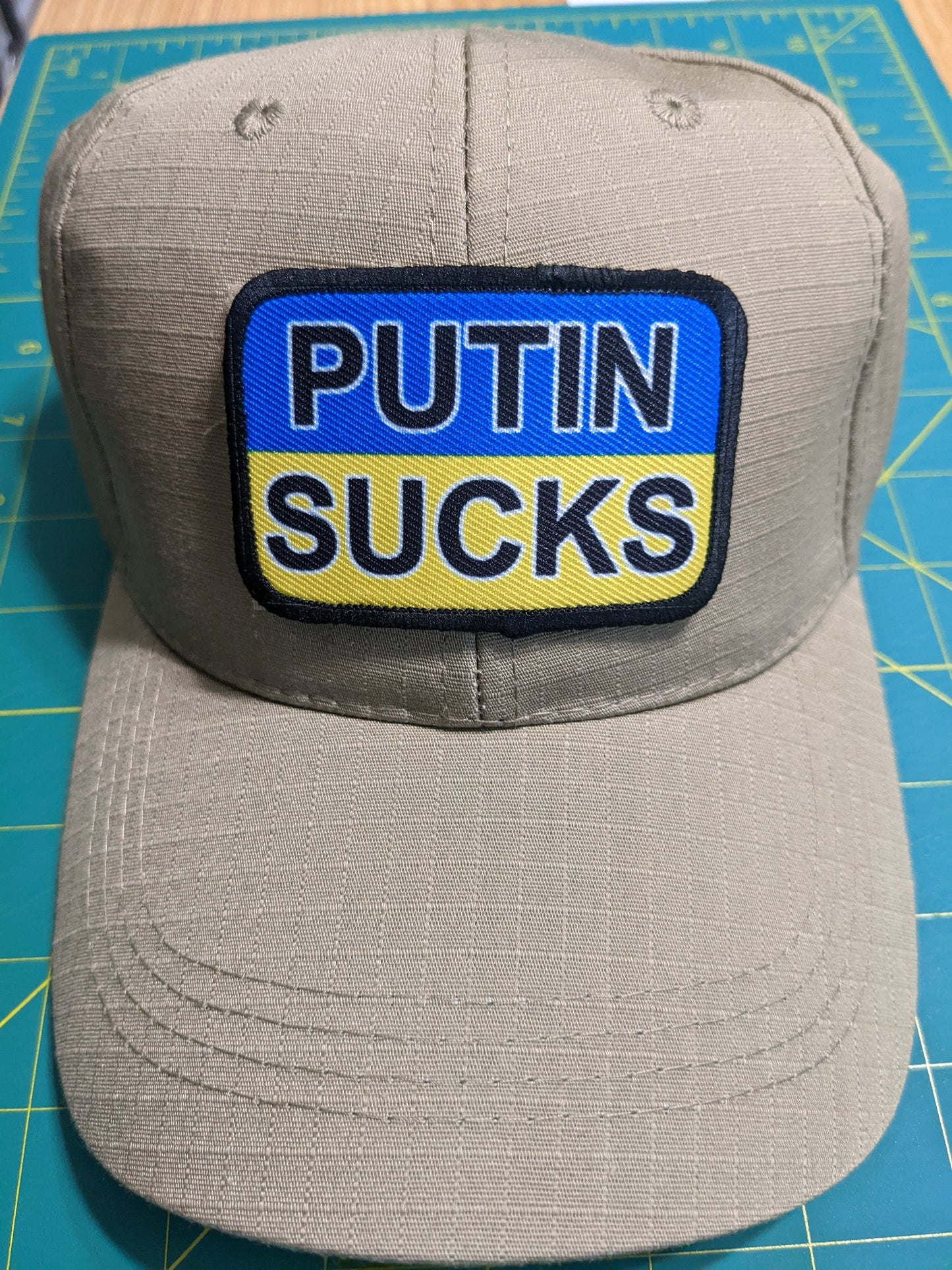 PUTIN SUCKS Ukraine Flag stand with Ukraine 2"x3" morale patch with hook and loop backing