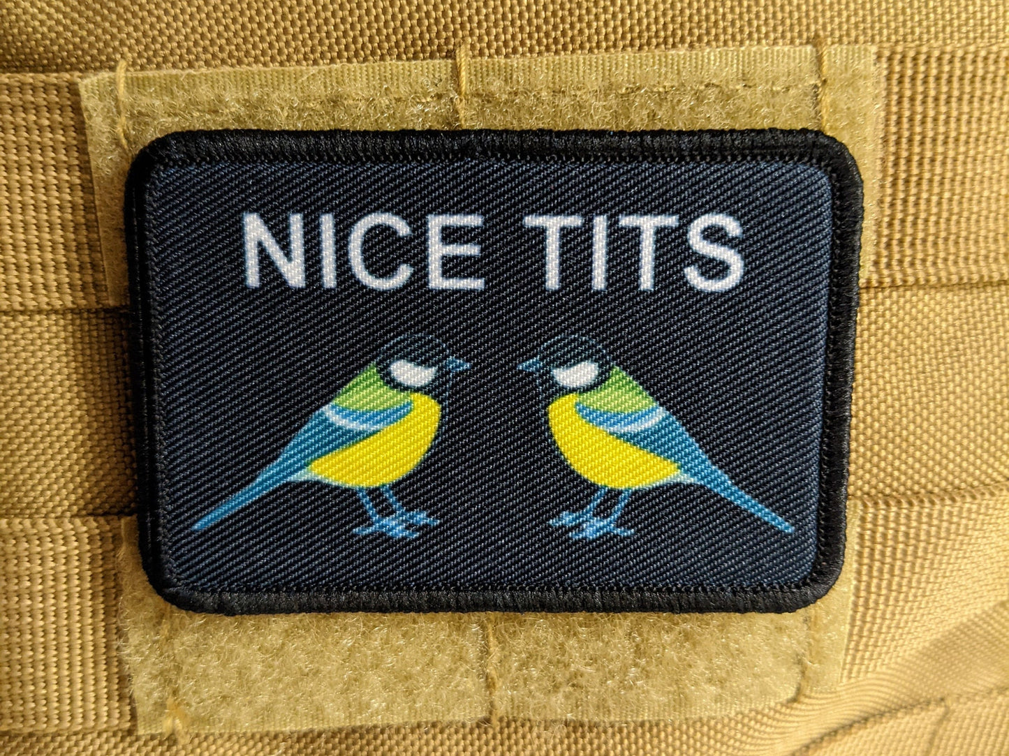 NICE TITS...they're birds, get your mind out of the gutter 2"x3" morale patch with hook and loop backing military joke meme
