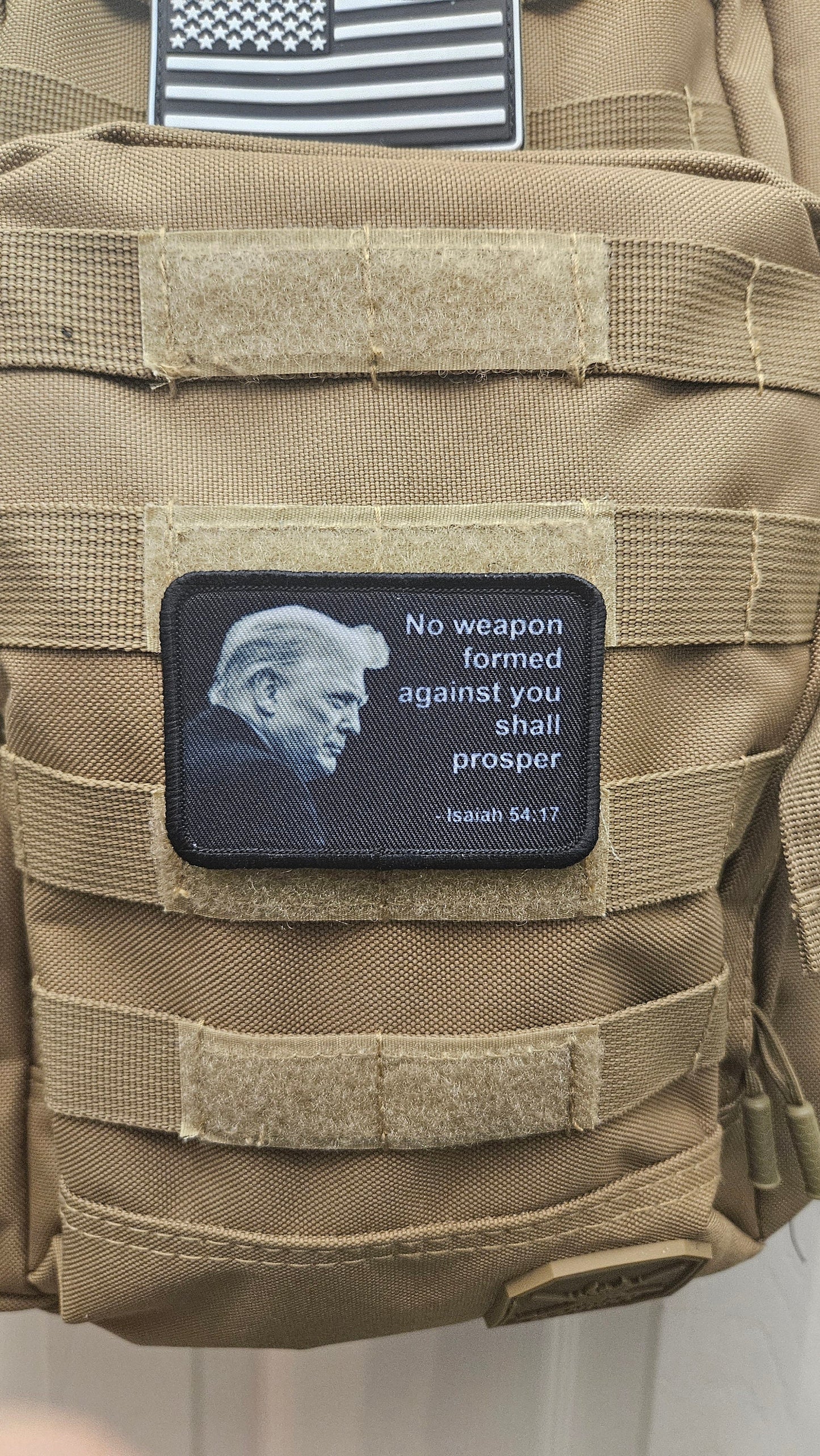 Isaiah 54:17 no weapon formed against me Don version bible verse  2"x3" morale patch with hook and loop backing
