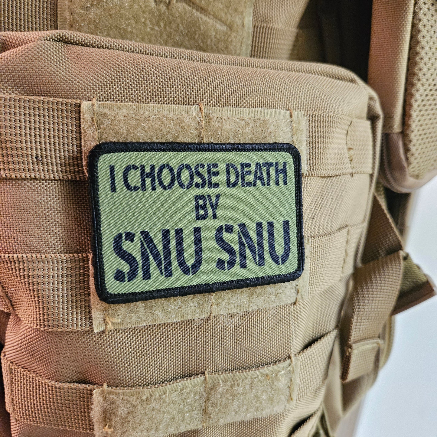 Green I choose death by snu snu meme 2"x3" removable morale patch with hook and loop backing death by snu snu