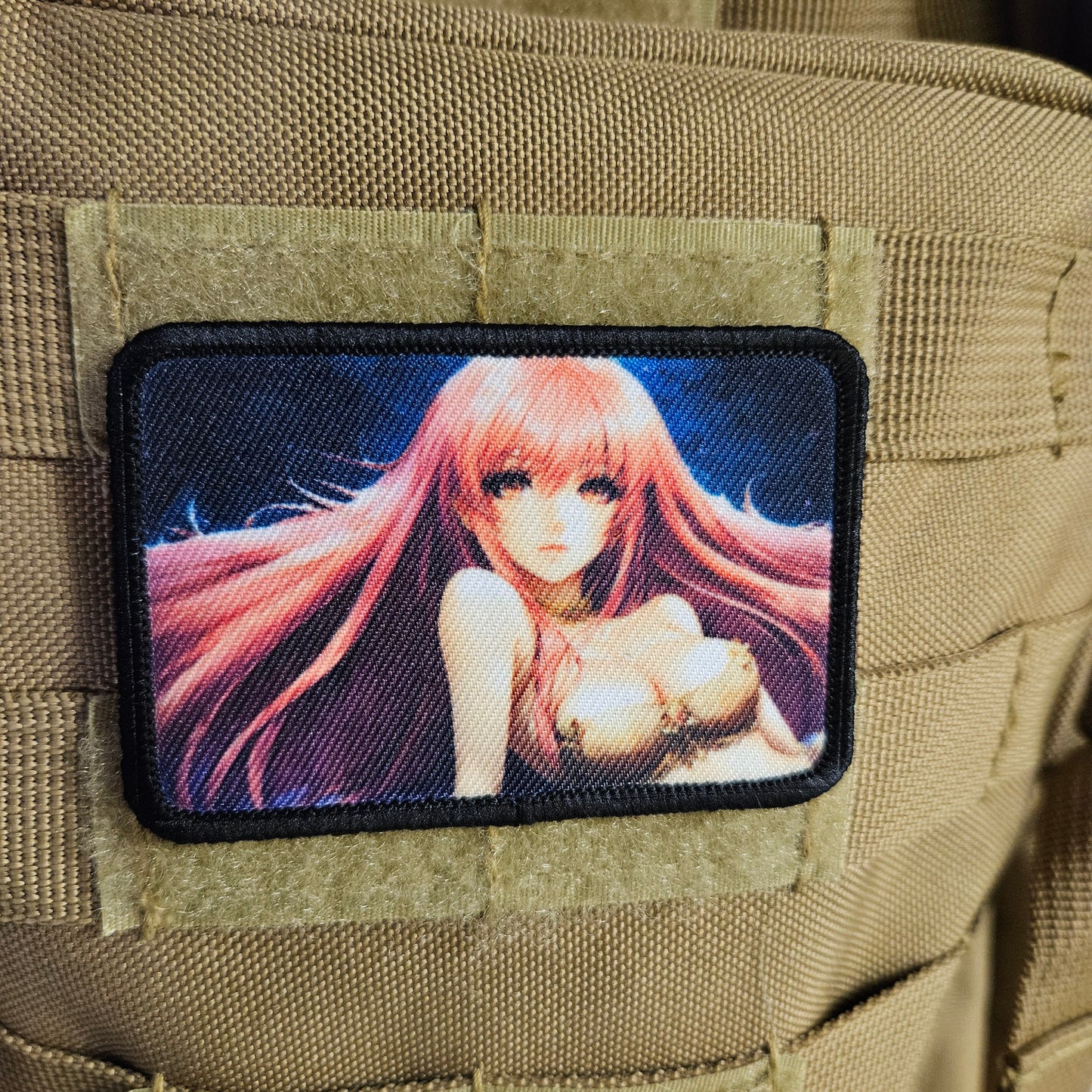 Long Pink hair waifu Sexy Anime girl cleavage bikini 2"x3"  removable morale patch with hook and loop backing