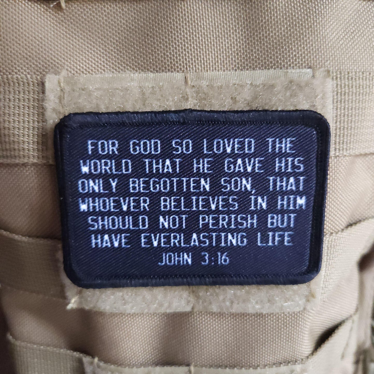 John 3:16 bible verse  2"x3" morale patch with hook and loop backing